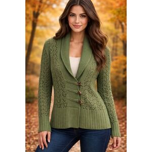 Vtg Womens Sweater Cardigan L Green Bratz Toggle Buttons Angora Lambs Wool Blend